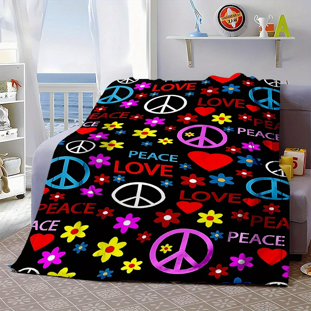 Chunky Floral Peace Sign Blanket Throw for Sofa Couch Decor Boho Bohemian Style Cozy Microfiber Fleece Gift