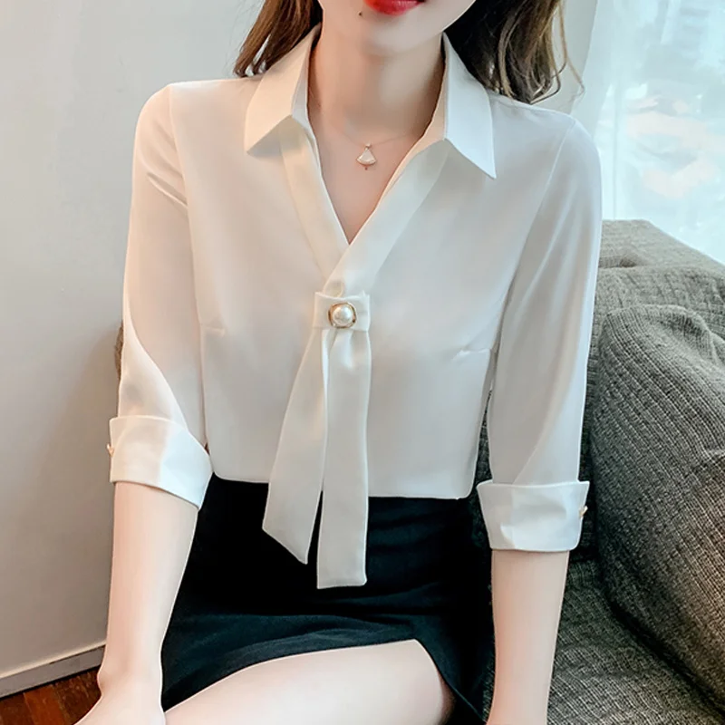 Spring Bow V-neck White Blouse Fashion Solid Red Tops Casual Half Sleeve Chiffon Shirt Temperament Clothes Blusas De Mujer 19240