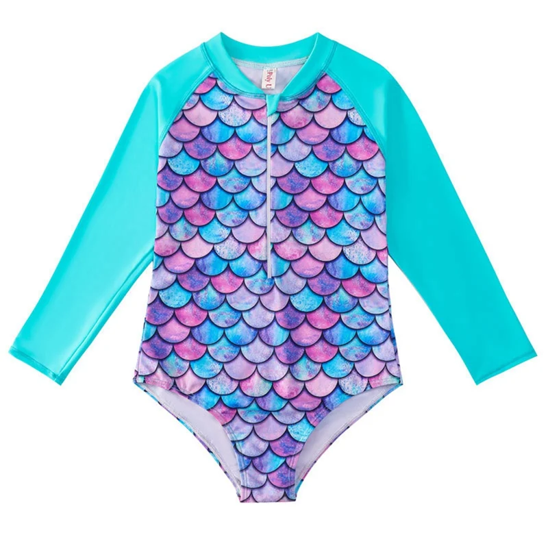 New Girl’s One Piece Swimsuit Long Sleeved Triangular Swimsuit Fashion Print Ruffles Suspender Swimsuits Girls Summer Beachwear