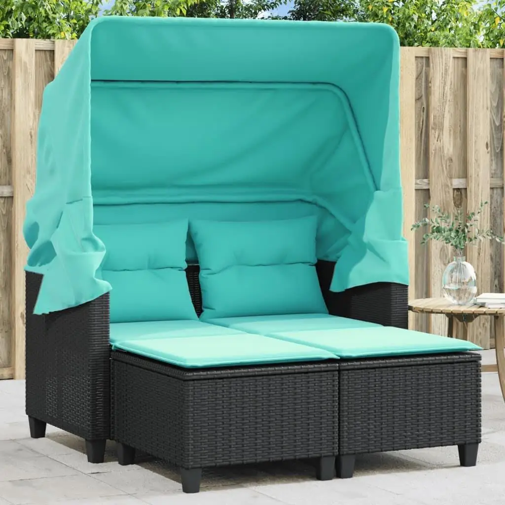 2-Seater Patio Sofa Set with Canopy & Stools - Black Poly Rattan Outdoor Furniture