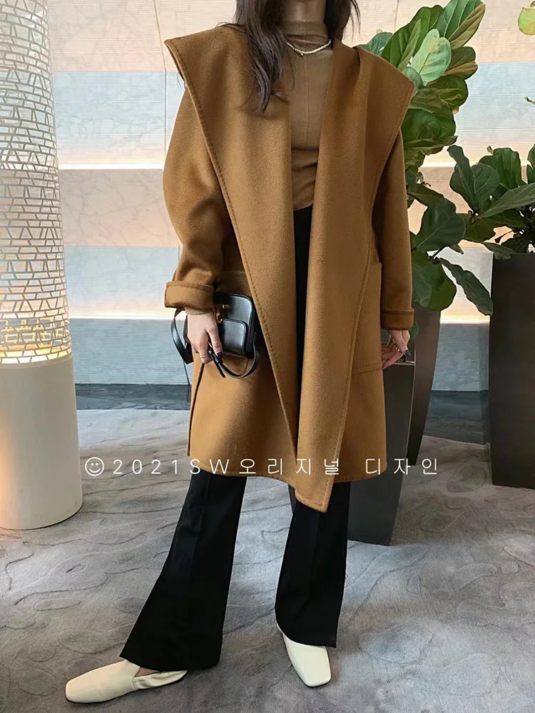 Autumn Mid-length Hooded Coat Women Black Water Ripple Cashmere Coat Female New Winter Casual Lace-up Loose Beige Coat Classic