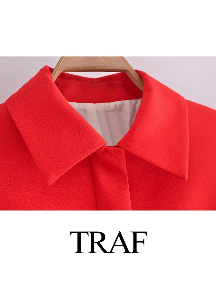 TRAF 2023 Autumn Women Fashion Red Single Breasted Turn Down Collar Coats+Woman Chic Casual Office Lady Slim Pants 2 Pieces Set