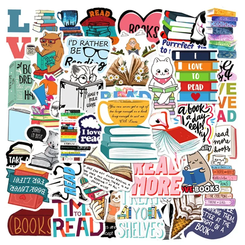 50Pcs Cute Reading Books Stickers Reading Decals For Phone Laptop Suitcase Notebook Skateboard Waterproof Stickers