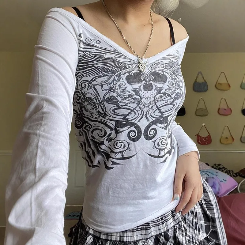 Grunge Punk V Neck Hot Drilling Long Sleeve White Skulls Printed Blouse TShirts Summer Spring Women Gothic Graphic Y2K Crop Tops