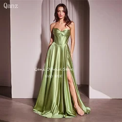 Qanz Sage Green Evening Dresses Elegant Long A Line Robe De Soirée Femmes High Slit Satin Event Paty Gowns Women Customized