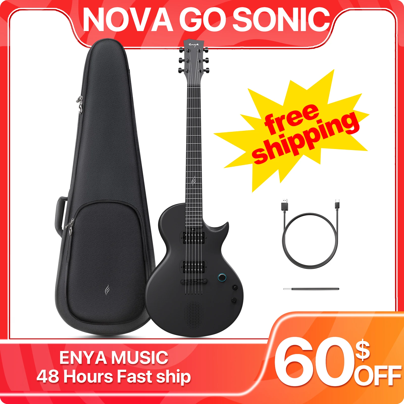 Enya Electric Guitar Nova Go Sonic Smart Electric Carbon Fiber Guitarra with Wireless Speaker, Onboard Presets, Charging Cable