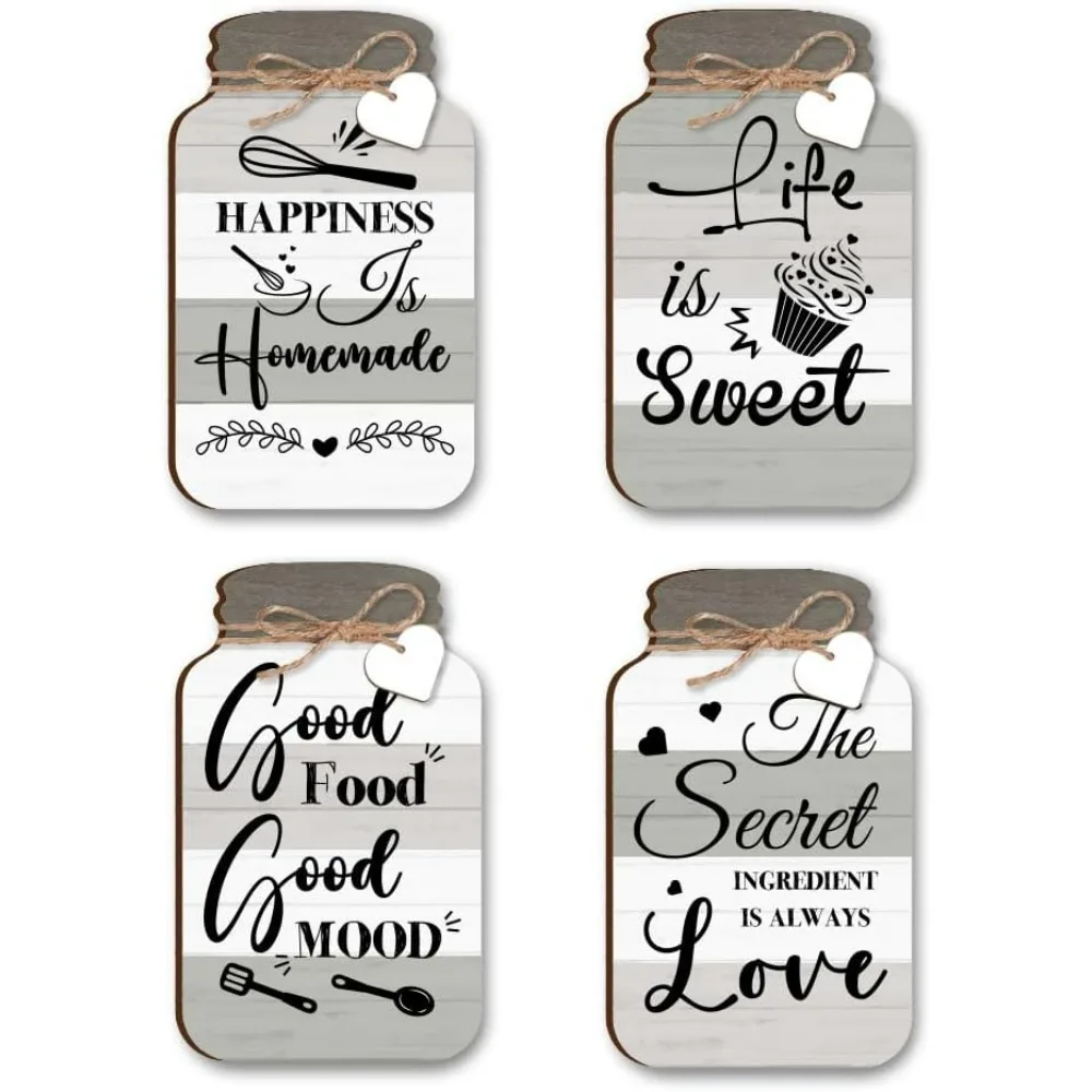 Kitchen Wall Decor, 4pcs Bottle Shape Wood Hanging Sign Modern Rustic Farmhouse Board Sign with Hemp Rope and Wood Heart