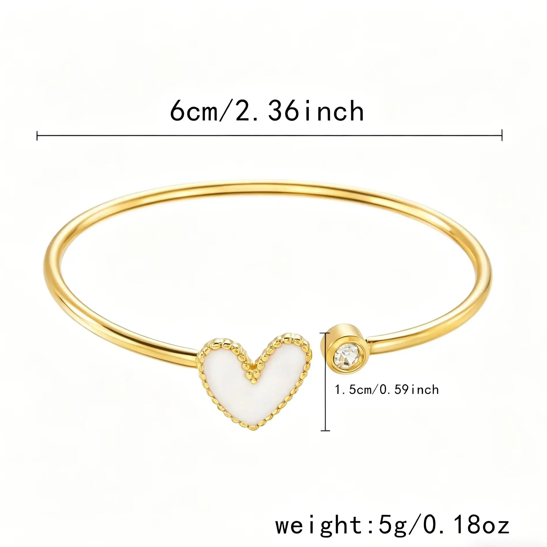 Delicate Romantic Heart Charm Cuff Bangle for Female Ladies Girl No-Fade Stainless Steel PVD Gold Plated Cute Open Hard Bracelet