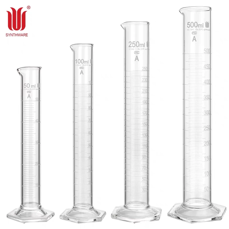 SYNTHWARE Hexagonal base measuring cylinder, Capacity 10mL-2000mL, With batch testing certificate, Borosilicate glass, F08