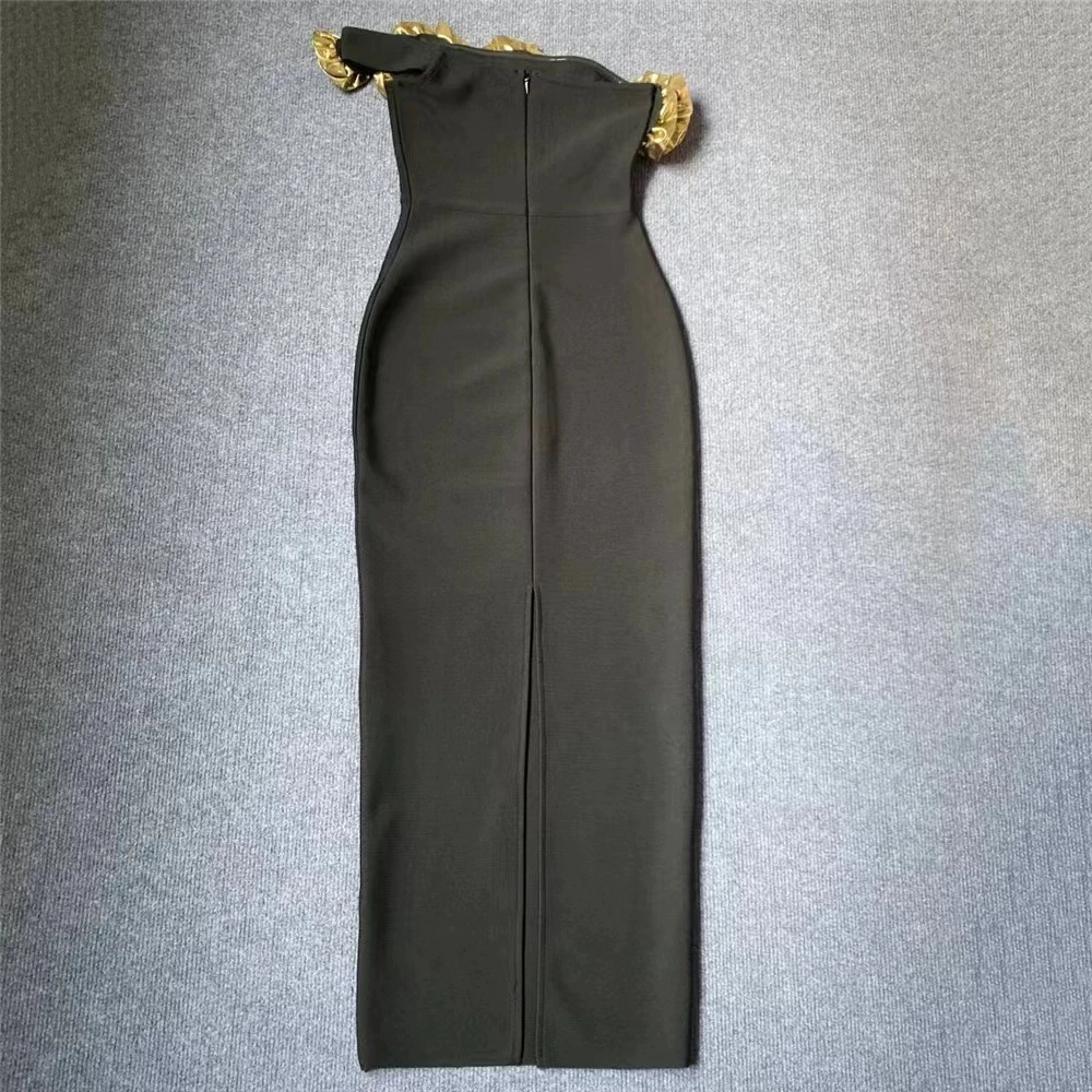 Nuovo vestito da banchetto retrò nero con colletto obliquo e fiore dorato di vendita caldo-GZXX881