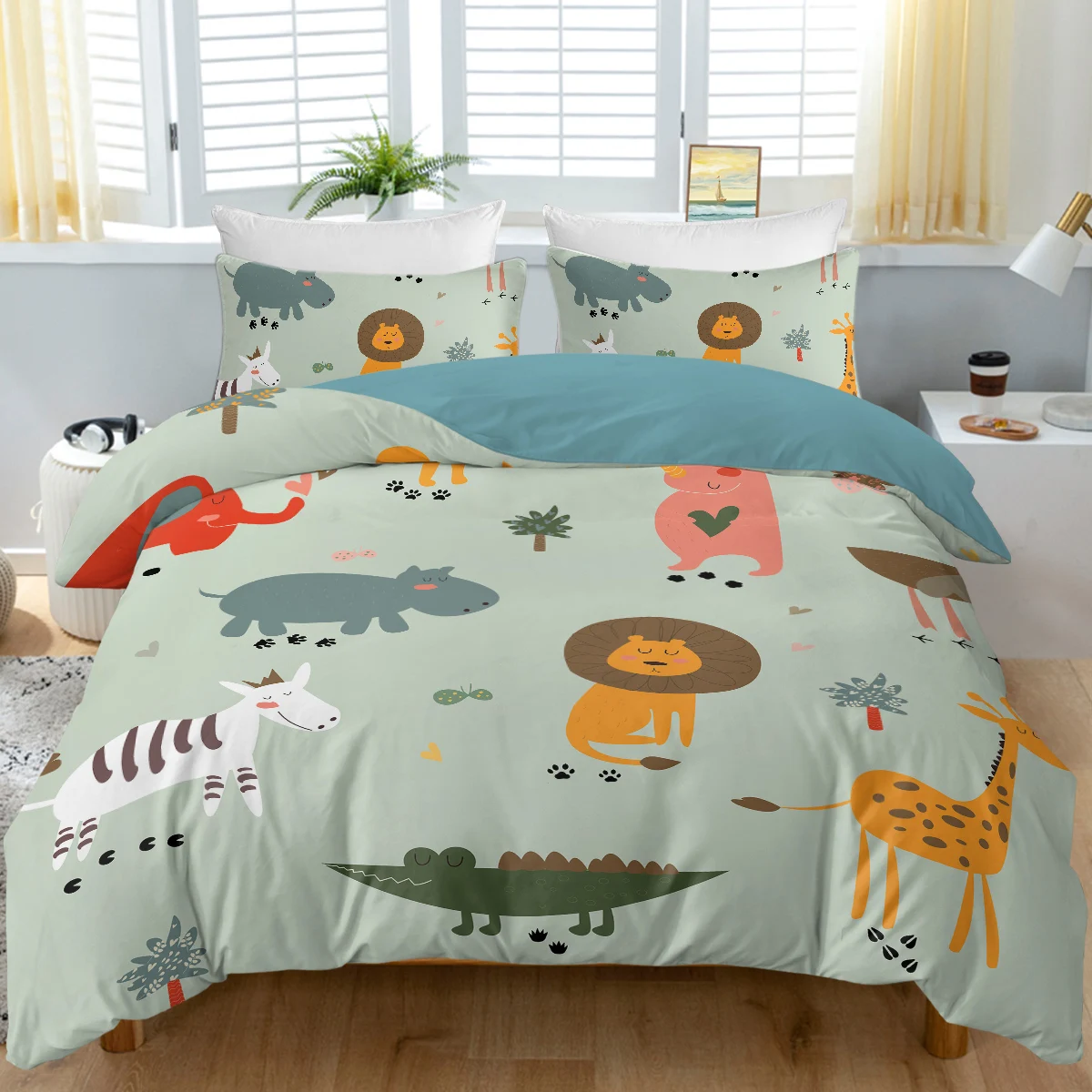 3pc Cute Cartoon Animals Design Bedding Set for Boys Girls Quilt Cover with Zipper Closure 1 Duvet Cover and 2 Pillow Cases