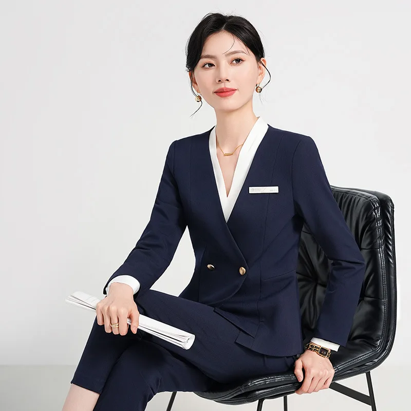 Navy Blue Suit Women's Spring and Autumn High-End Business Wear High-End Jewelry Shop Formal Wear Hotel Manager Work Clothes