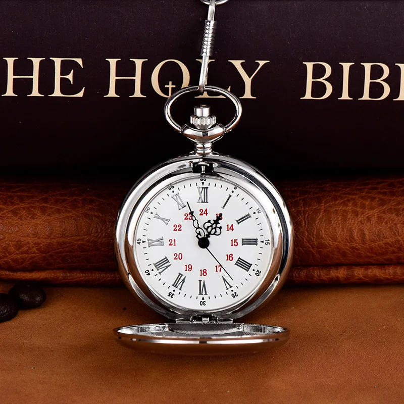 Vintage Luxury Smooth & Matte Sliver Case Quartz Pocket Watch for Men Roman Numeral Fob Chain Necklace Pendant Clock for Gifts