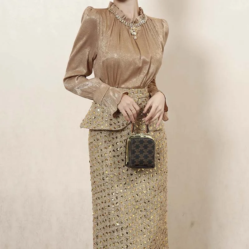 

Elegant Lady's Fake Two-Piece Dress High Waist A-Line Skirt Long Sleeve Polyester Fiber Spring New Style Casual Scene