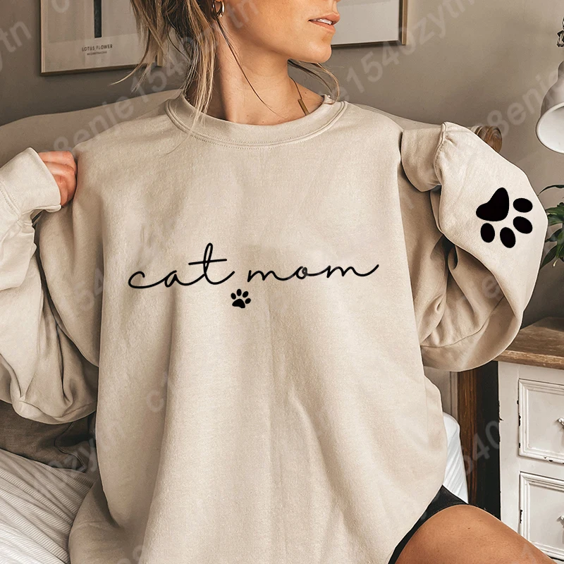 Cat Mom Print Sweatshirts, Cat Paw Sweatshirts, Long Sleeves Crew Neck, Funny Cats Pullovers, Women Oversized Sweatshirts