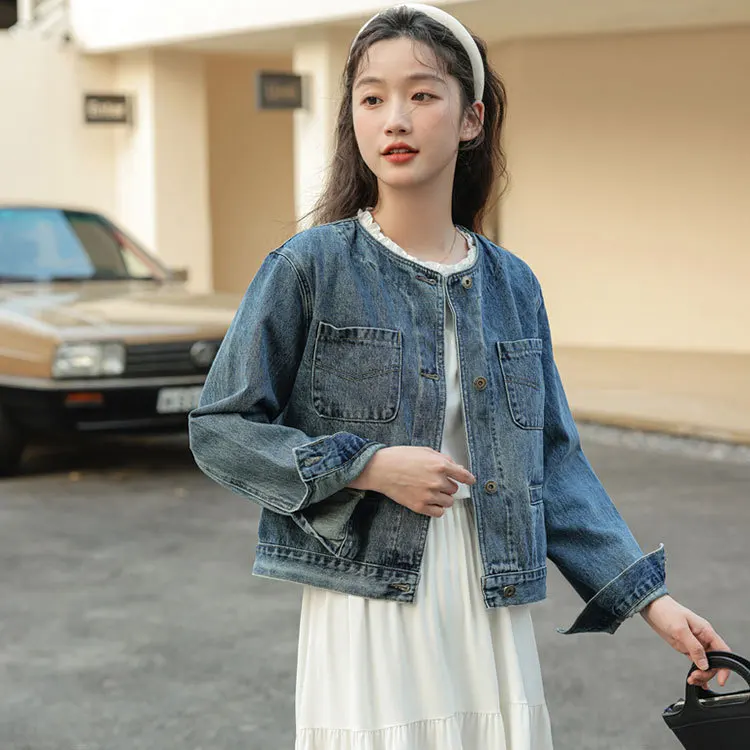 

Blue Denim Jacket Women Japan and Korea Retro Simple Round Collar Pocket Single-breasted Short Section Coat Tops Jean Jacket