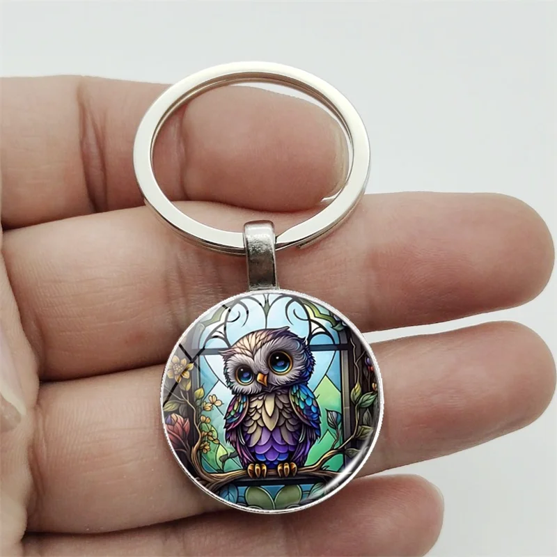 1pc Owl Pattern Time Gem Round Pendant Keychain, For Men Women