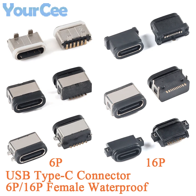 5Pcs Waterproof Type-C Female Connector 6PIN 16PIN Vertical SMD High Current Fast Charging Jack Port USB-C Charger Plug Socket