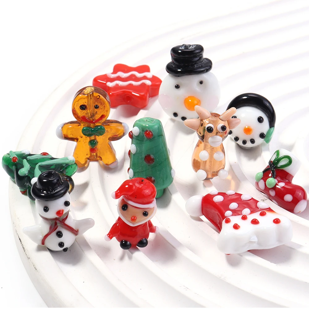 2pcs/lot Christmas Series Lampwork Glass Beads Cute Santa Claus Snowman Beads Loose Bead  For DIY Jewelry Making Accessories