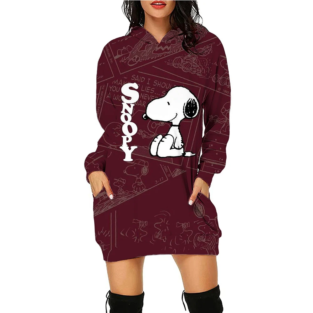 Christmas Casual Long Sleeve Dress Autumn Winter Women\'s Snoopy Print Disney Simple Comfortable Hooded Sweatshirt