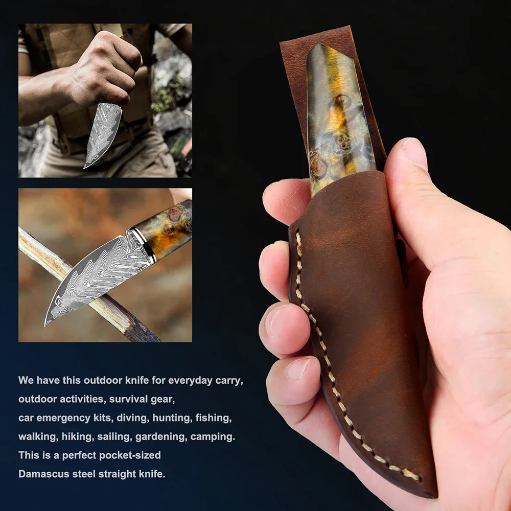 Damascus Steel Outdoors Knife Handmade Camping Straight Knife High Hardness Pocket Knife Sharp Fruit Knife with Leather Sheath