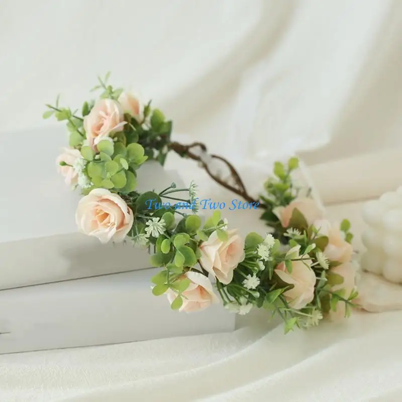 HX6F 花嫁のウェディングヘッドバンドボヘミアンクラウン花輪リアルなフラワーリースかぶと