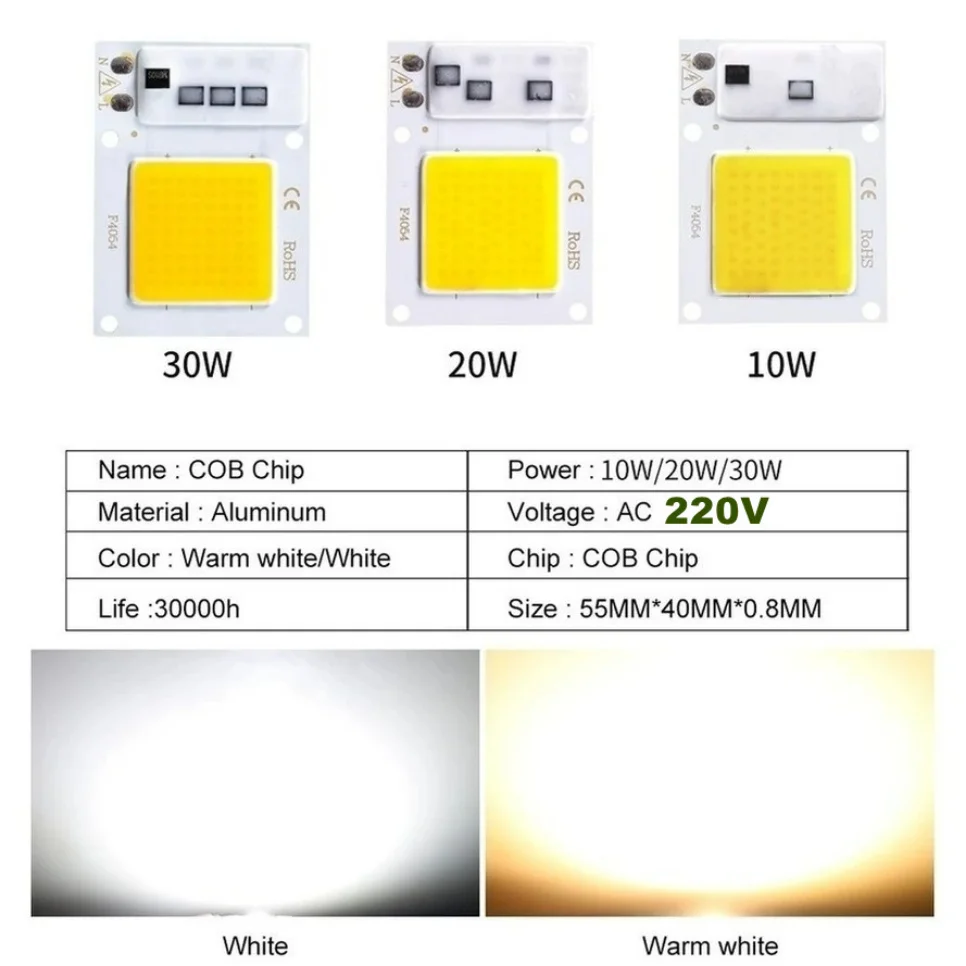 Lámpara LED con Chip COB de 220V, 10W, 20W, 30W, 50W, IC inteligente, sin necesidad de controlador, bombilla LED de 3W, 5W, 7W, 9W para iluminación