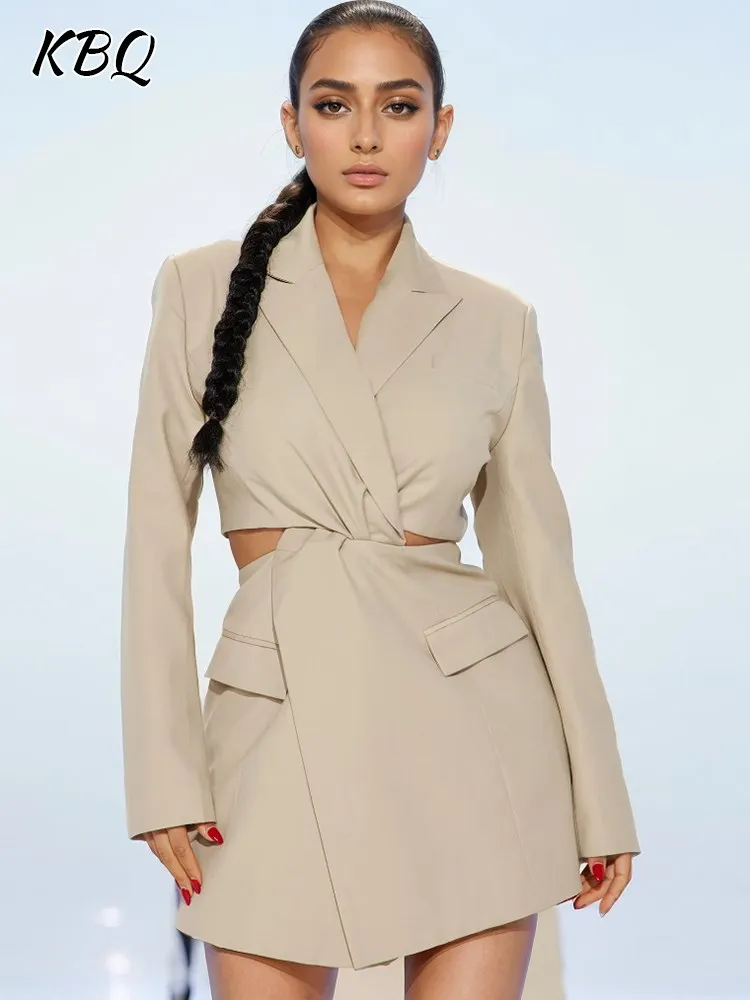 

KBQ Hollow Out Crisscross Elegant Dress For Women Notched Collar Long Sleeve High Waist Backless Patchwork Zipper Dresses Female