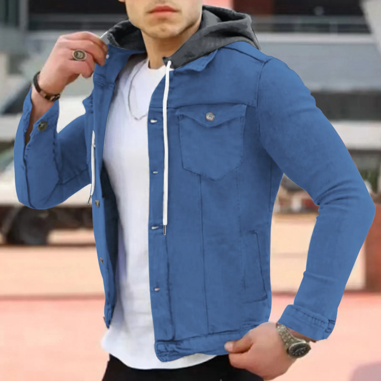 

Autumn Men Denim Jacket Streetwear Hip Hop Casual Hooded Jean Jackets Male Outerwear Solid Color Fashion Slim Fit Bomber Coat