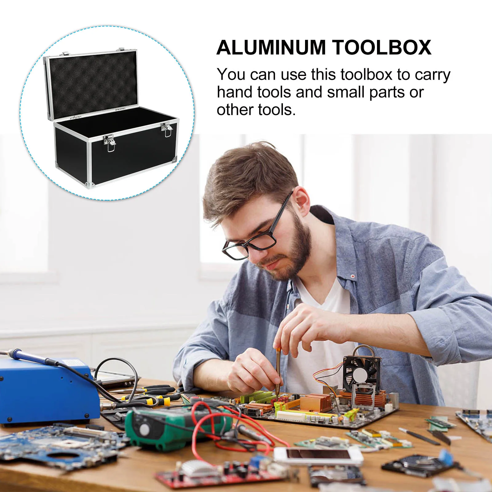 

Aluminum Toolbox Black 29x16x15mm Right Angle Durable Portable Tool Case Parts Box Foam Inserts Easy Open Close