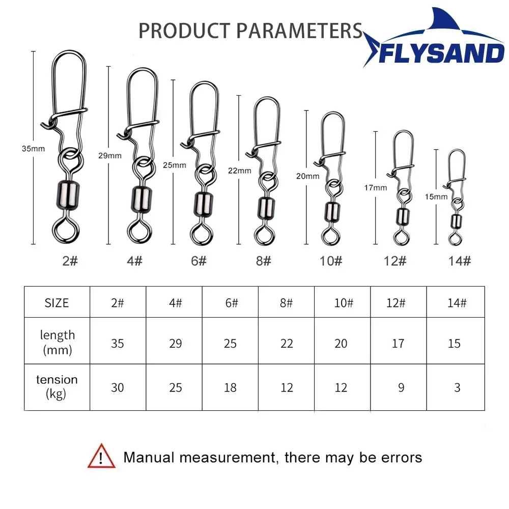 FLYSAND 100PCS/Bag Pike Fishing Accessories Connector Pin Bearing Rolling Swivel Stainless Steel Snap Fishhook Lure Swivels