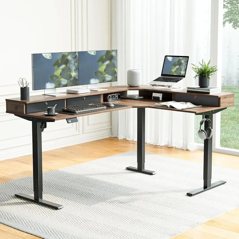 L-Shaped Electric Desk, 63x48 Large with Reversible Top, 2 Memory Heights | Home Office & Gaming Adjustable Table, Black Walnut