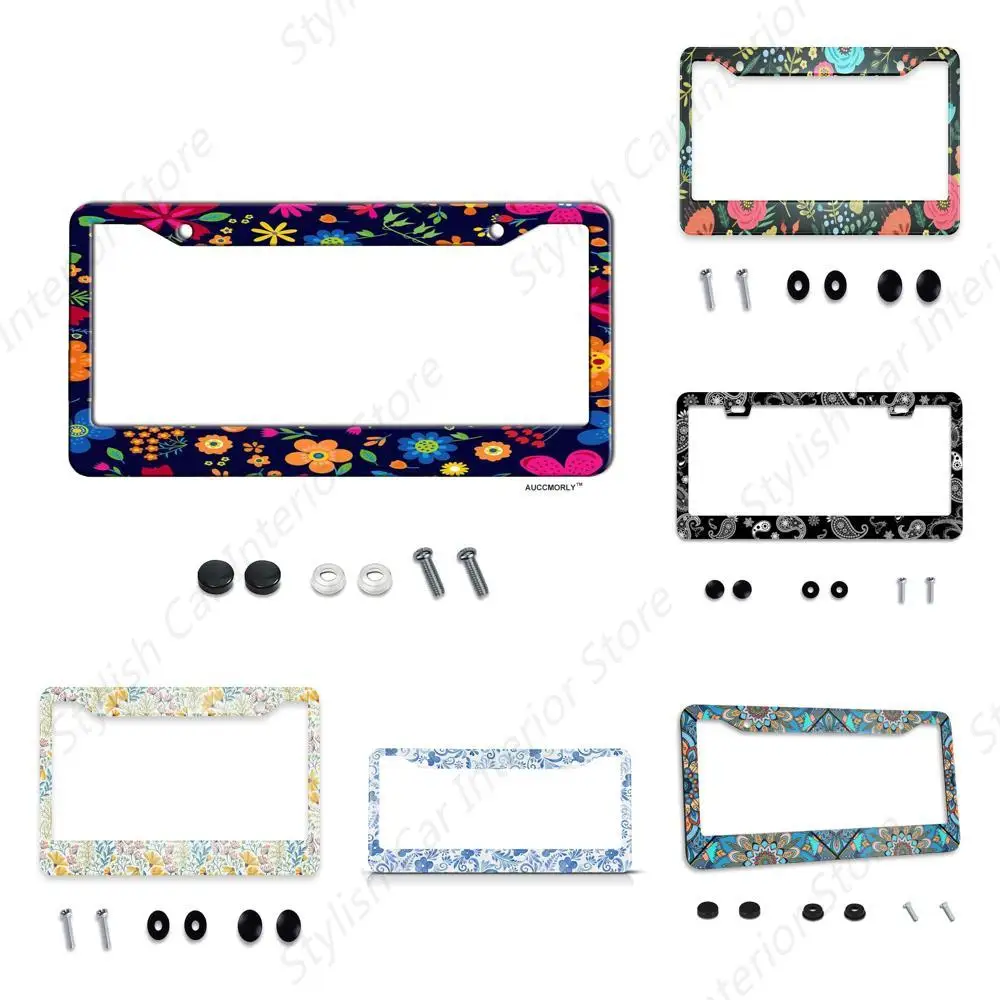 Cute Floral Flowers License Plate Frame Stainless Steel Frame Holder Boho Car Accessories Decorative Frames for Women Vehicles