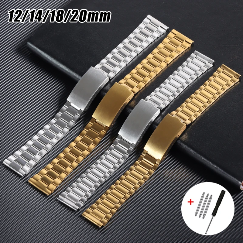 12mm 14mm 18mm 20mm satynowy pasek ze stali nierdzewnej składana bransoletka z klamrą metalowa uniwersalna opaska na nadgarstek srebrne złoto dla kobiet mężczyzn Watchband