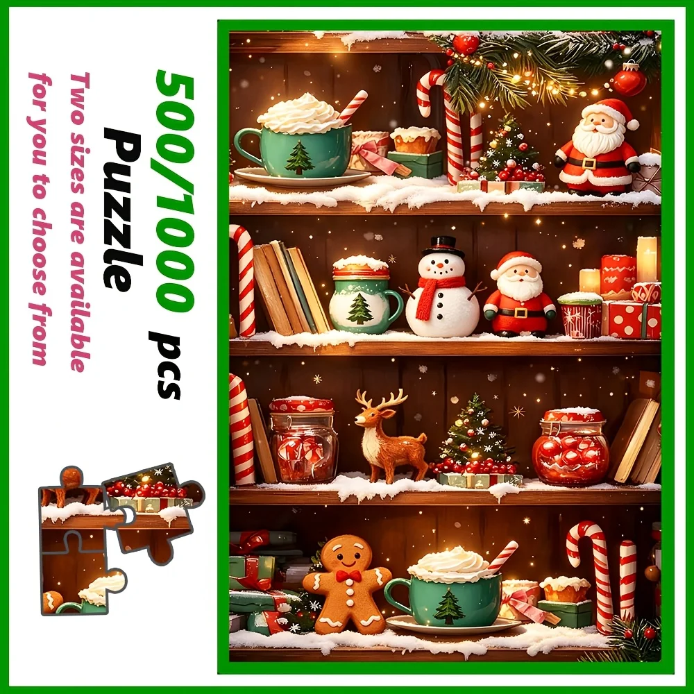 Cozy Christmas Scene Jigsaw Puzzle, Warm Fireplace, Xmas Bookshelf, Holiday Cottage Lights, Multi Size Paper Puzzle for Adults