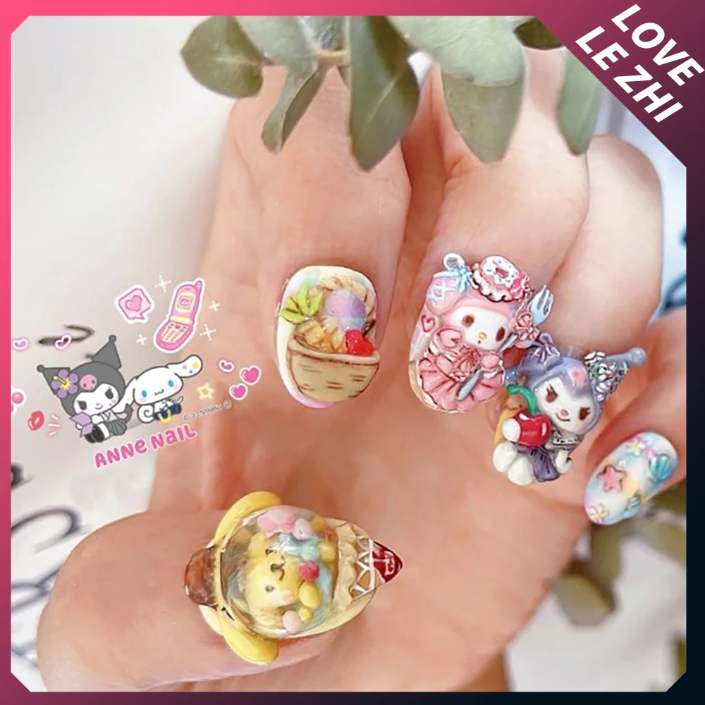 10Pcs Summer High-End Sanrio 3D Mymelody Kuromi Anime Press On Nails Beach Party Handmade Detachable Short Oval Nail Girl Gift