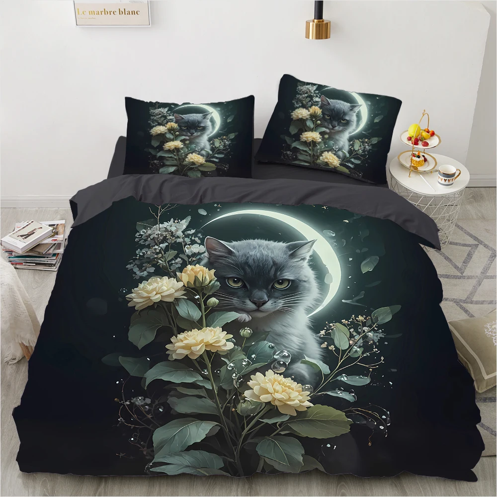 King Size Cat Bedding Set – 3D Printed Duvet Cover Set Bed Linen 240x220cm Queen Luxury Bedrooms & Gifts (Cat, flowers, moon)