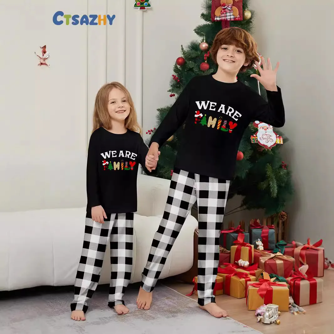 

Christmas parent-child Set for autumn and winter: Long-sleeved black and white checkered home wear with letter prints