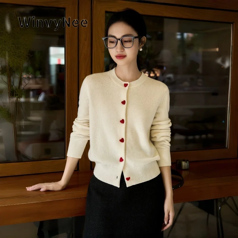 WinvyNee Women Fall Winter Thickened Heart Button Cardigan 100% Wool Long Sleeve Round Neck Soft Warm Knitted Top Wear B1103051