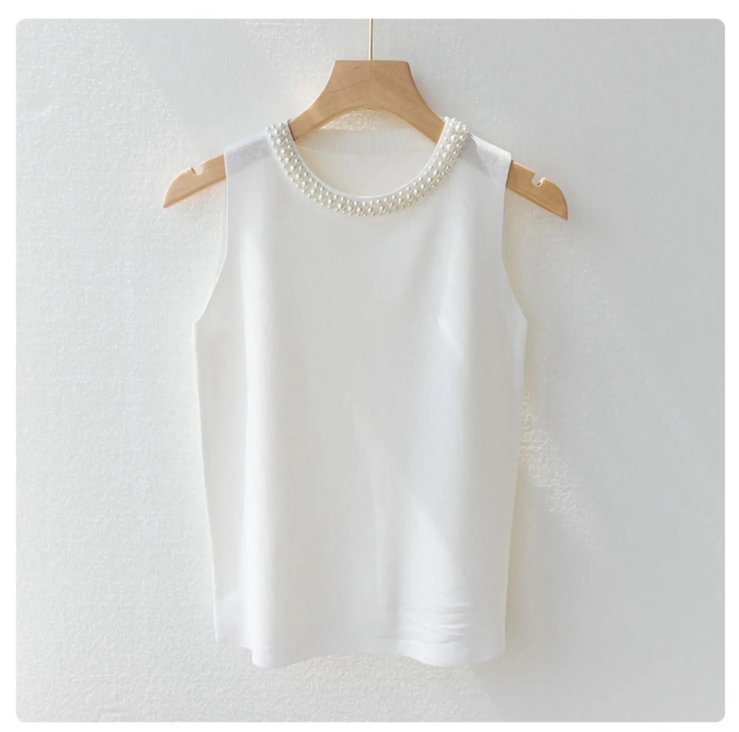 Korea Gestrickte Westen Frauen Top Solide Tank Blusas Mujer De Moda Sommer Neue Mode Weibliche Ärmellose Perlen Casual Dünne Tops – Detail 6