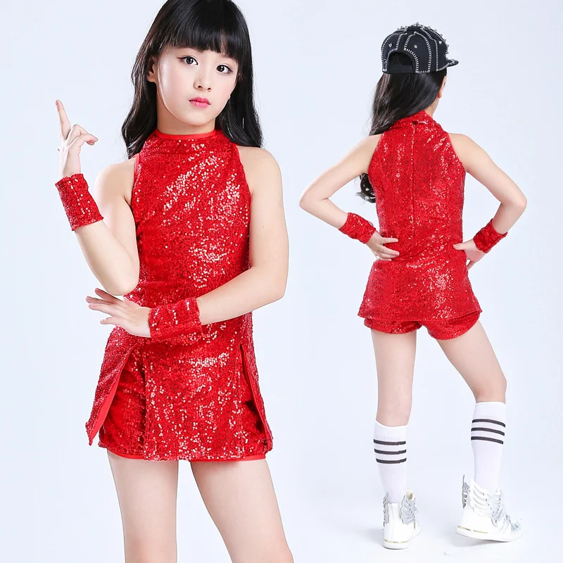 Girls Sequins Dance Clothes Dress 4-12 Yrs Sparkle Hip Hop Jazz Dance Outfit, Sleeveless Top and Shorts