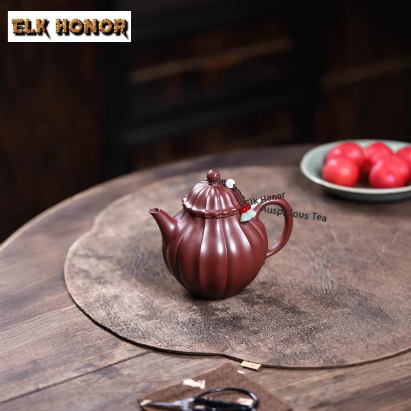 310ml Olive Pot Retro Yixing Purple Clay Teapots Retro Ribs Pot Raw Ore Clean Bottom Tank Kettle With Infuser Zisha Teaware Set
