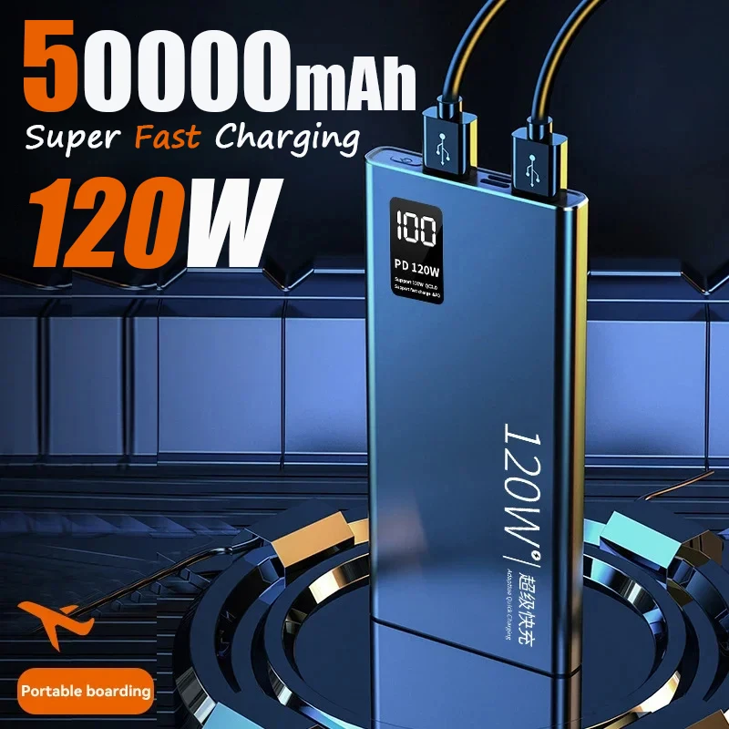 Lenovo 120W Large Capacity Power Bank 50000mAh Super Fast Charging Powerbank Portable Battery Charger For iPhone Samsung Huawei
