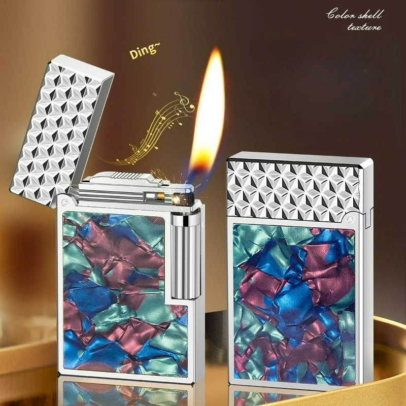 Loud Voice Double sided Color Shell Inlaid Oblique Fire Butane Gas Lighter Side Pulley Ignition high-end Lighters Smoking Gifts