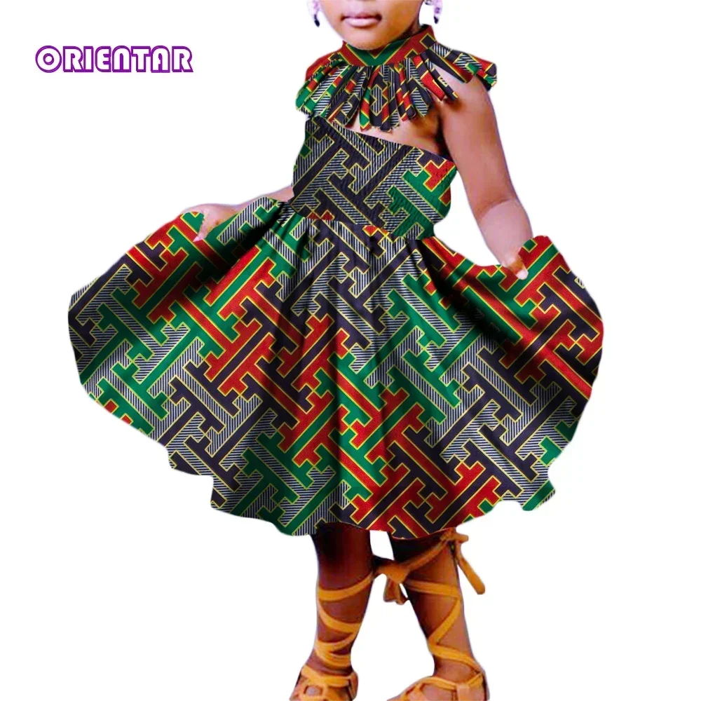 2 Pieces Set Kids Girls African Dresses With Tassels Choker Necklace African Print Dress Cute Children Party Dress WYT221