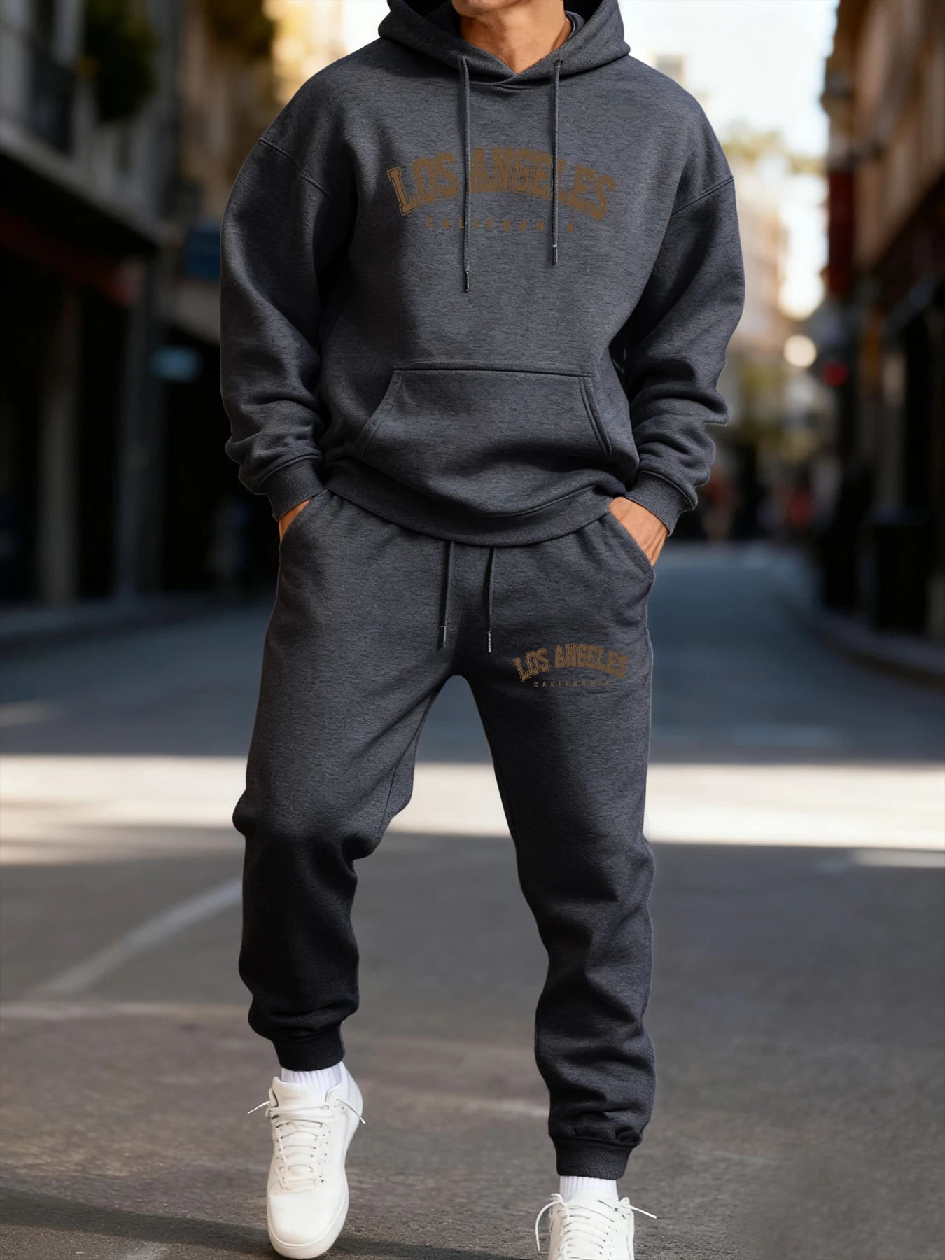 

Los Angeles California Letter Printed Men Hoodie Set Fleece Autumn Two Pices Sets Casual Winter Pants Sporty Long-Length Clothes