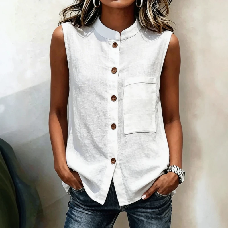 

2026 Summer New Stand up Collar Sleeveless Vacation Style Simple Cotton and Linen Solid Color Top