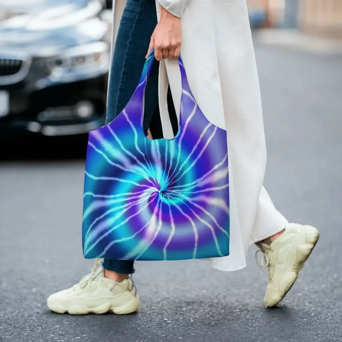 Custom Blue Tie Dye Shopping Canvas Bag Women Recycling Large Capacity Groceries Traditional Dyeing Art Tote Shopper Bags