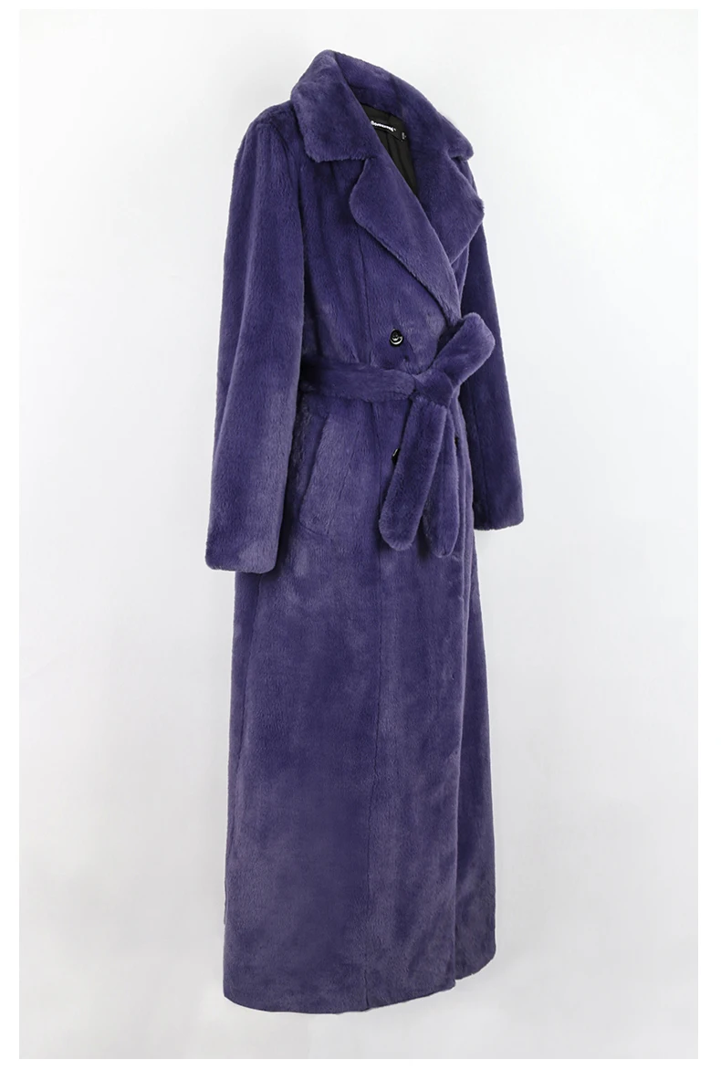 Nerazzurri Winter Extra Long Purple Black Thick Warm Soft Fluffy Faux Fur Coat Women Sashes Double Breasted Furry Overcoat 2022