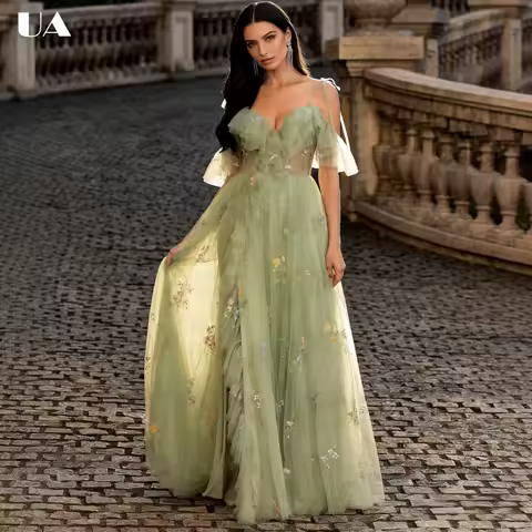 ULBYANRY Customized Mesh A-line Appliqued Maxi Prom Dress, Romantic Off-the-shoulder Evening Dress, Elegant Ruffled Party Dress